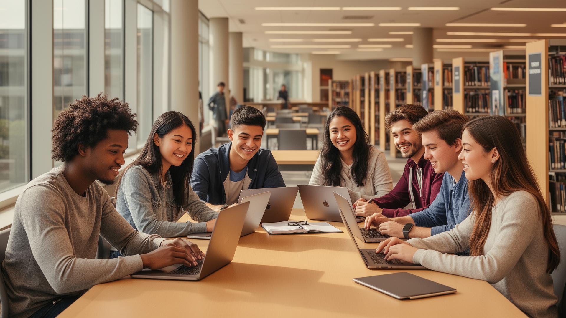 Diverse American students studying together in university library